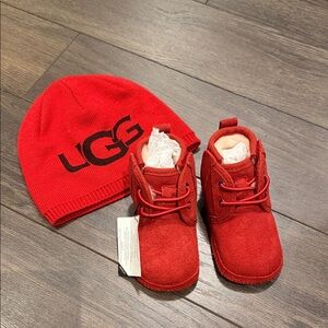 UGG red infant bootie and hat BNWT